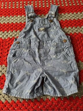 Oshkosh B'Gosh Blue Shark Print Overalls Size 2T 100% Cotton Adjustable Straps